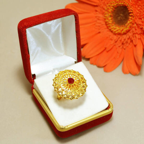 Red Stone Studded Gold Plated Ring For Women