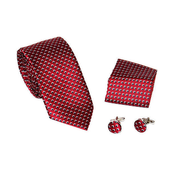 Red Triangle Printed Box Tie Medium Sized (Cufflinks + Pocket Square )