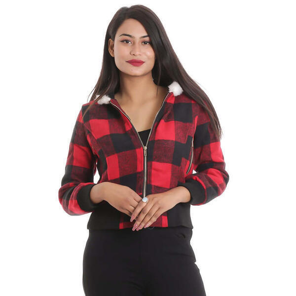 Woolen Cheak Print Inside Fur Jacket For Women
