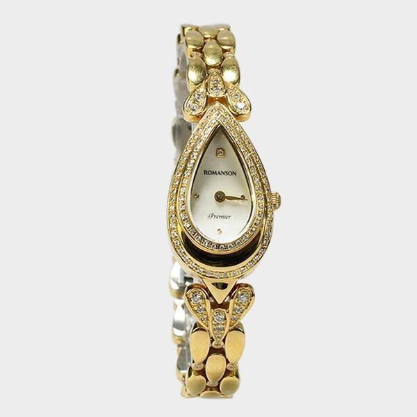 Romanson 6150Ql White Drop Dial Stone Studded Analog Watch For Women - Golden