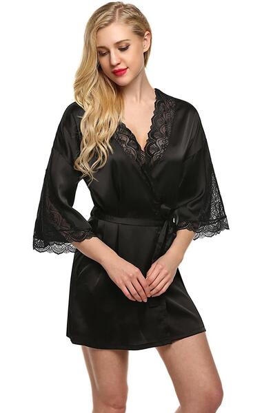 Satin Robe V-Neck Nightwear for Women with Lace Design for Free Size Black Color