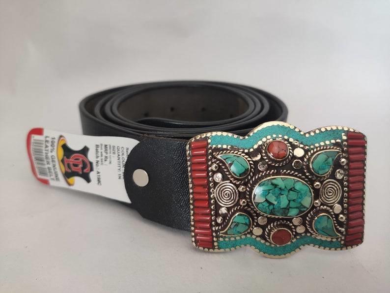 Tibetan Silver Belt Buckle for men, Leather Belt, Turquoise Coral Stone waist trap, Fancy Leather Belt ,B25