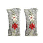 Trendy Hand Warmer, Gloves, Panja – Grey With White/Green Flower Embroidered Woolen Hand Warmer