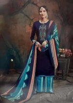 Unstitched Dark Blue Cotton Kurti With Plazo And Shawl Set For Women