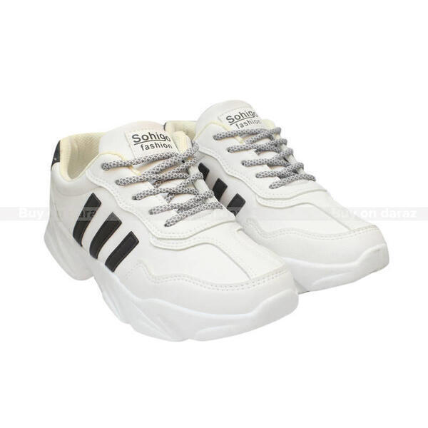 White/Black Thick Sole Sneakers For Women