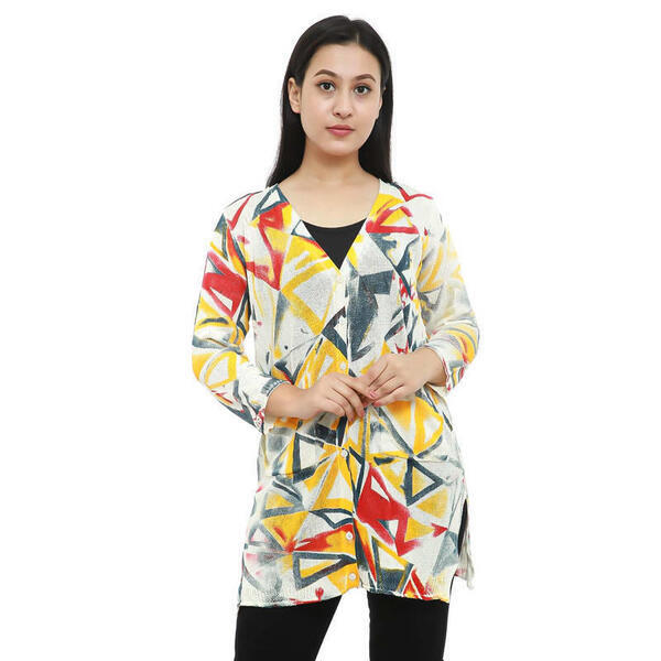 Woolen V-Neck Printed Front Pocket Design Outer For Women