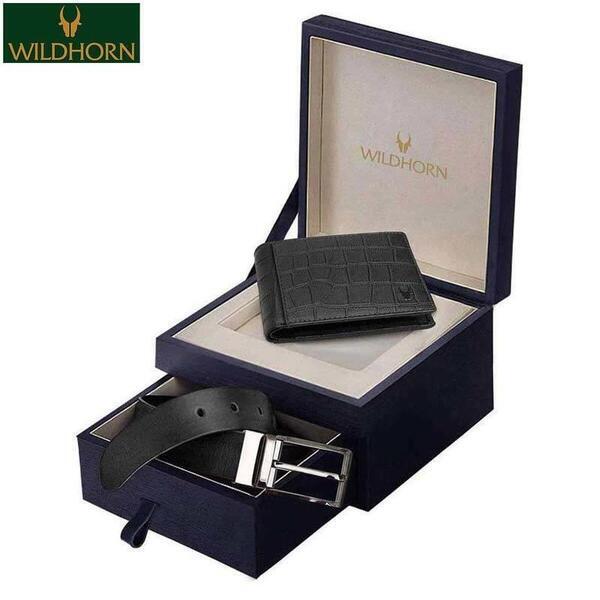 WILDHORN Nepal 100% Genuine Men's Classic Leather Wallet and Belt Exclusive Giftset ( NEW GIFTSET 1173 Black Croco with Black Belt )