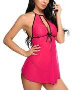 Women Babydoll Nightwear Lingerie with Open Front With G String Panty Free Size Pink Color