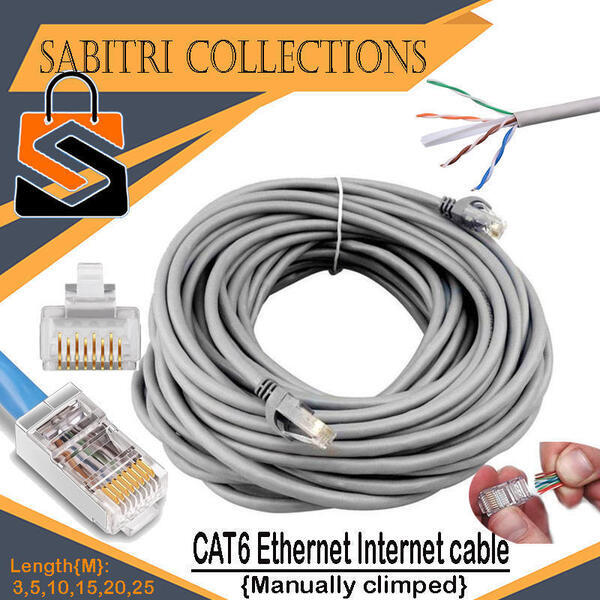 10M CAT6 Ethernet Internet cable with RJ45 connected {Manually climped} - Gray 8u wire 10 Metre