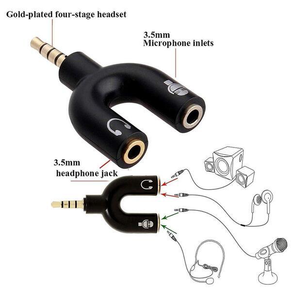 3.5mm Jack 1 Male to 2 Female Mic Audio Y Splitter Headphone Microphone Adapter