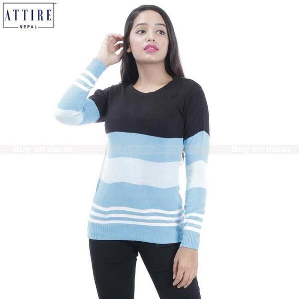 Attire Nepal Blue/Black Striped Sweater For Women (SWT-33)