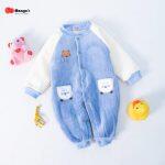 Baby Cute Hello Cat Print Striped Fleece Lined Jumpsuit