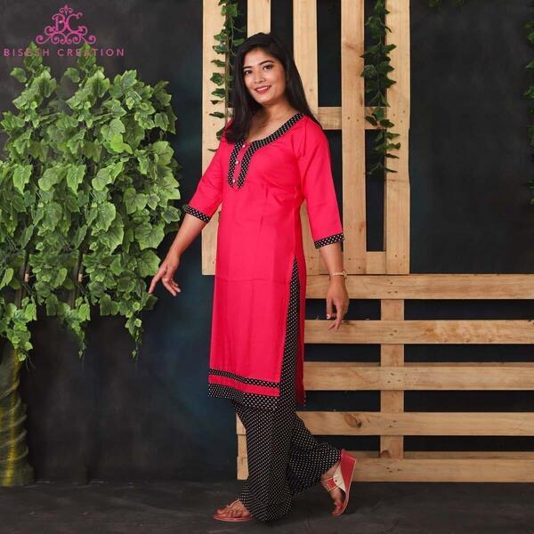 Bisesh Creation Pink Rayon Polka Dot Kurti & Palazzo Set For Women