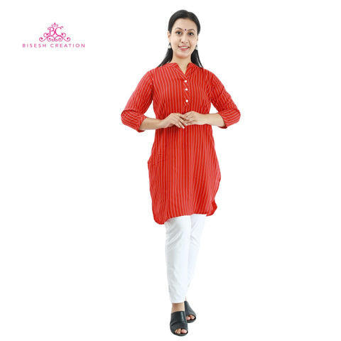 Bisesh Creation Red White Lining Printed Slub Rayon Tops For Women
