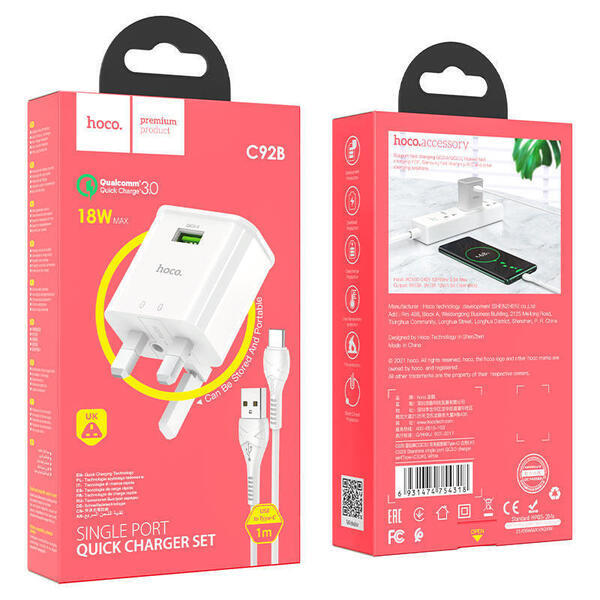C92B Starshine Single Port QC3.0 Charger Set(TypeC)(UK)