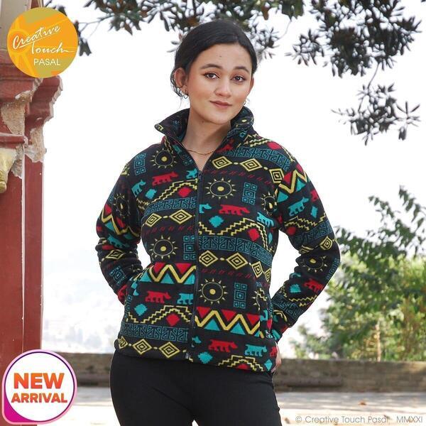 Creative Touch Black Print Polar Fleece Jacket for Women WJK4428