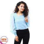 Crop Tops For Women Sky Blue Woolen Sleeve Net Design