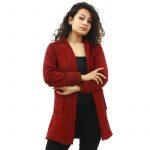 maroon woolen full sleeve front pocket design inner fur cardigan for women