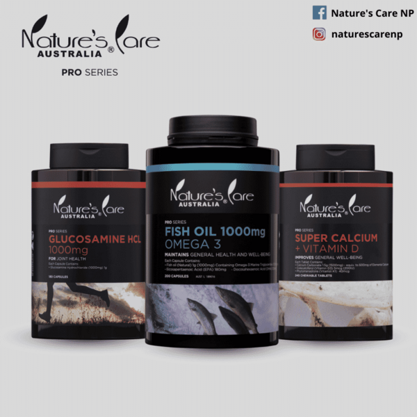 Nature's CareFood Supplements, 1unit Fish Oil Omega 3, 1 unit Super Calcium + Vitamin D & 1 unit Glucosamine HCL