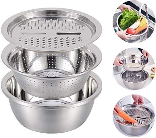 New Stainless Steel Basin with Grater 3 in 1 Vegetable Cutter with Drain Basket Vegetable Washing Bowl Set Strainer for Washing Vegetables