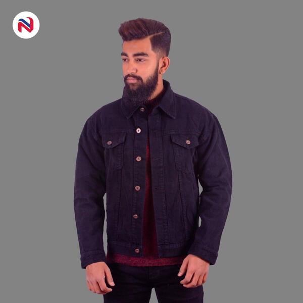 Nyptra Black Solid Denim Jeans Jacket For Men