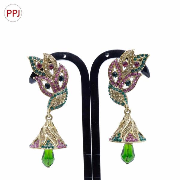 Ppj Collection Millicent Gold Plated Tripple Leaf With Temple Bell Drop Pink And Green Earring For Women - 1 Pair