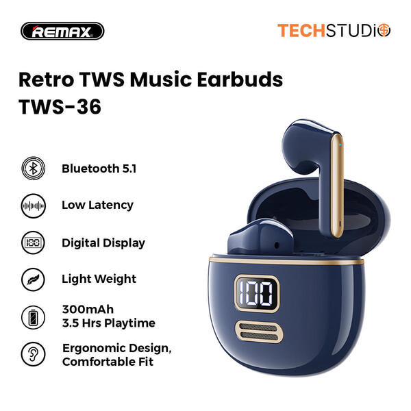 REMAX TWS-36 Retro TWS Wireless Bluetooth 5.1 Earbuds Headset / Super Bass / Noise reduction / IPX4 Waterproof