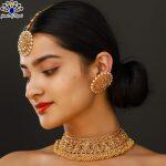 Reverse American Diamond Stones Studded High Gold Plated Adjustable Necklace Set With Earrings & Maangtika