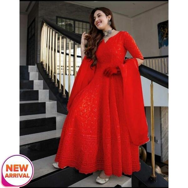 Rose Red Embroidered Gown For Women