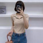 Summer Knitted T-shirts V Neck Solid Color Tops Short Sleeve For Women