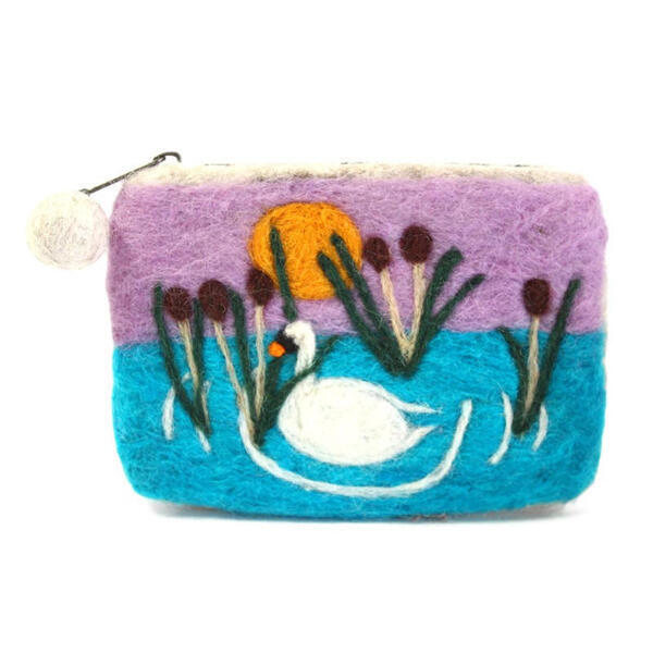 Voilet/Lime Swan Design Felt Purse For Women