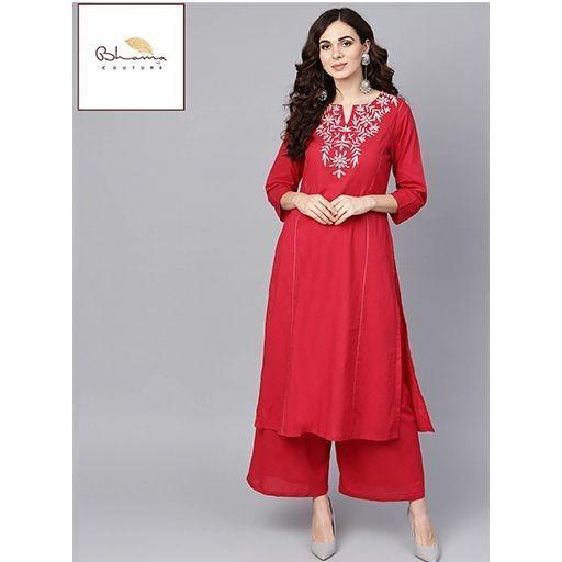 Bhama Couture Women Red Embroidered Kurta with Palazzos (Bhama 22)