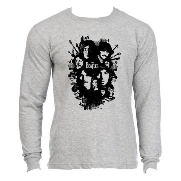 Binay Embroidery Cotton Casual Black Full Sleeve Beatles Grey Printed T-Shirt For Men