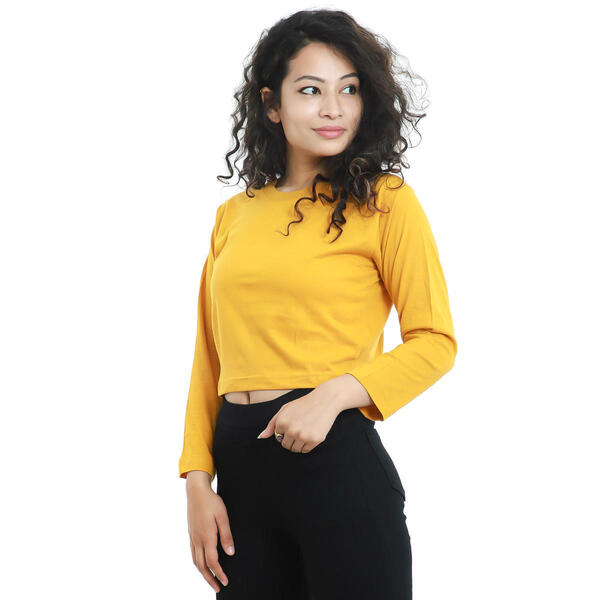 Binay Embroidery Rushed Yellow Full Sleeve Crop Top T-Shirt For Women
