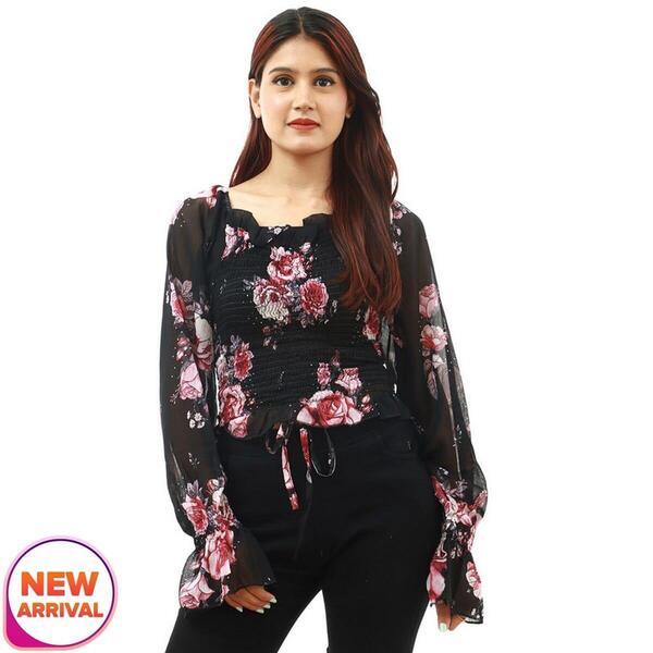 Chiffon Full Sleeve Flower Printed Crop Tops For Women