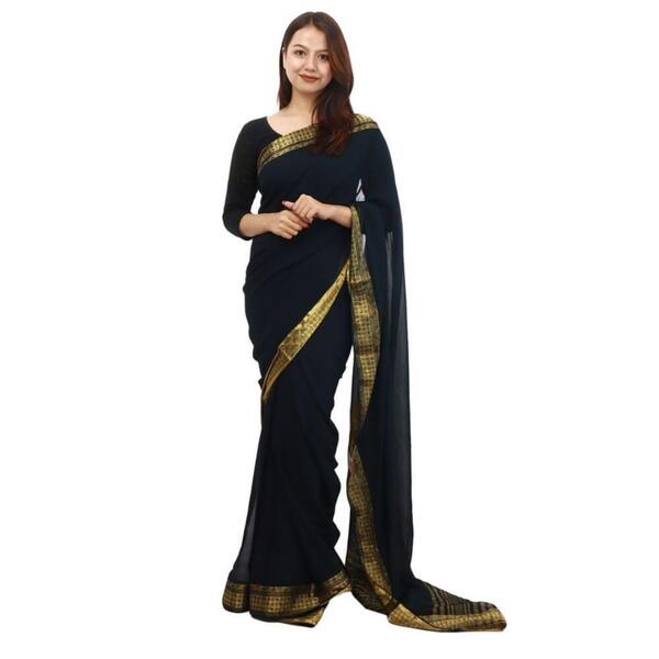 Chiffon Golden Border Design Saree With Unstitched Blouse For Women