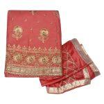 Blush Cotton Semi-Stitched Embroidered Kurta Salwar Shawl Set For Women