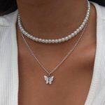 Butterfly Charm & Pearl Necklace Set For Women
