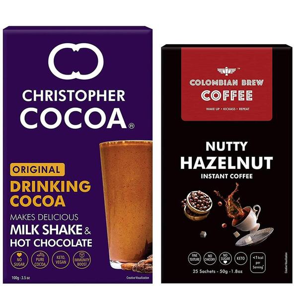 Colombian Brew Hazelnut Instant Coffee Powder, No Sugar Vegan, 50Gm, Christopher Cocoa, Drinking Chocolate Cocoa Powder, Dark No Sugar