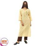 Creamy Cotton Floral Embroidered Kurti, Brown Plazo With Mask Set For Women