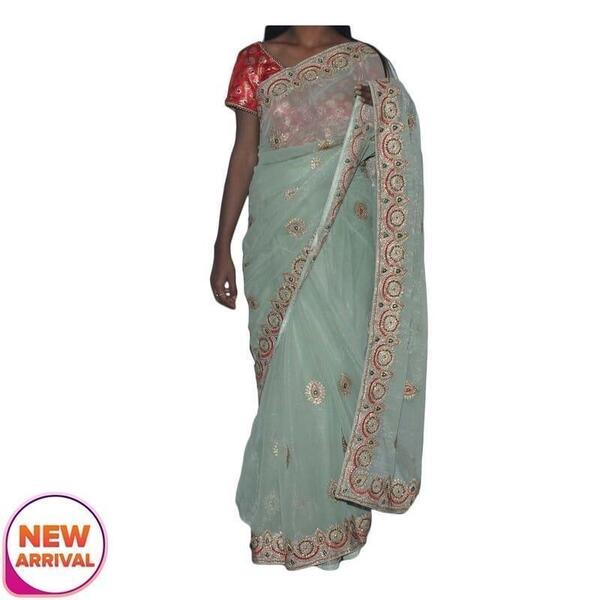 Dark SeaGreen Embroidered Net Saree With Unstitched Blouse Piece For Women