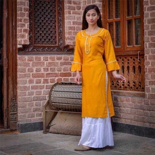 Mustard Yellow Motiwork Design Kurti With Gharara