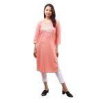 Peach Cotton Full Sleeve Floral Embroidred Kurti For Women
