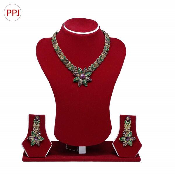 Ppj Collection Marra Gold Plated Multi Colour excellent cut Ad Stone With Adjustable Backchain Necklace/Earring For Women - 1 Set