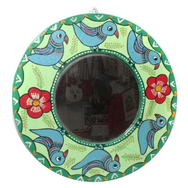 Round Shaped Blue Bird Handcrafted Mithila Mirror