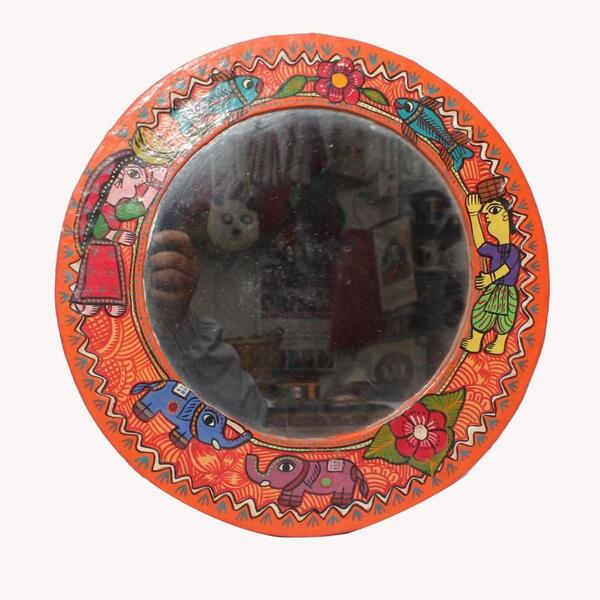 Round Shaped Orange Handcrafted Mithila Mirror Big