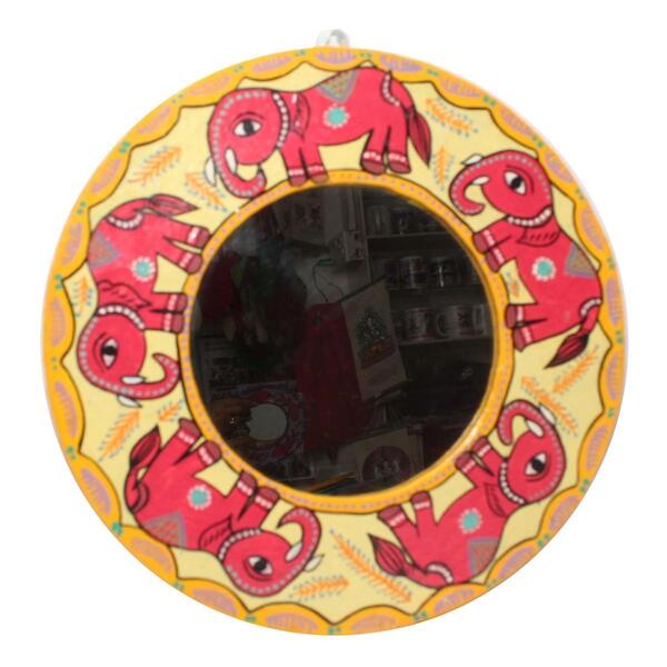 Round Shaped Yellow Elephant Handcrafted Mithila Mirror