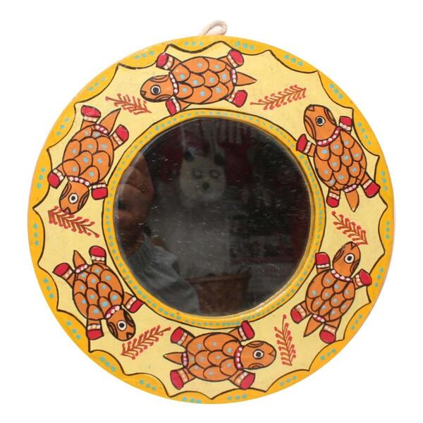 Round Shaped Yellow Tortoise Handcrafted Mithila Mirror