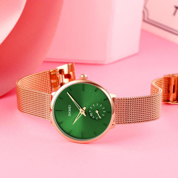 SKMEI 1791 Fashion Elegant Stainless Steel Mesh Quartz Wristwatch For Women - Green/RoseGold