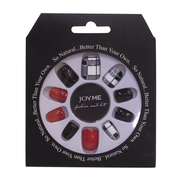 Square Nail-Red/Grey Check Patterned Acrylic Nails
